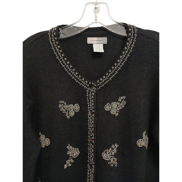 90’s Y2K Vintage Beaded Angora Blend Cardigan Sweater L Black Topper Long Sleeve - Picture 2 of 13